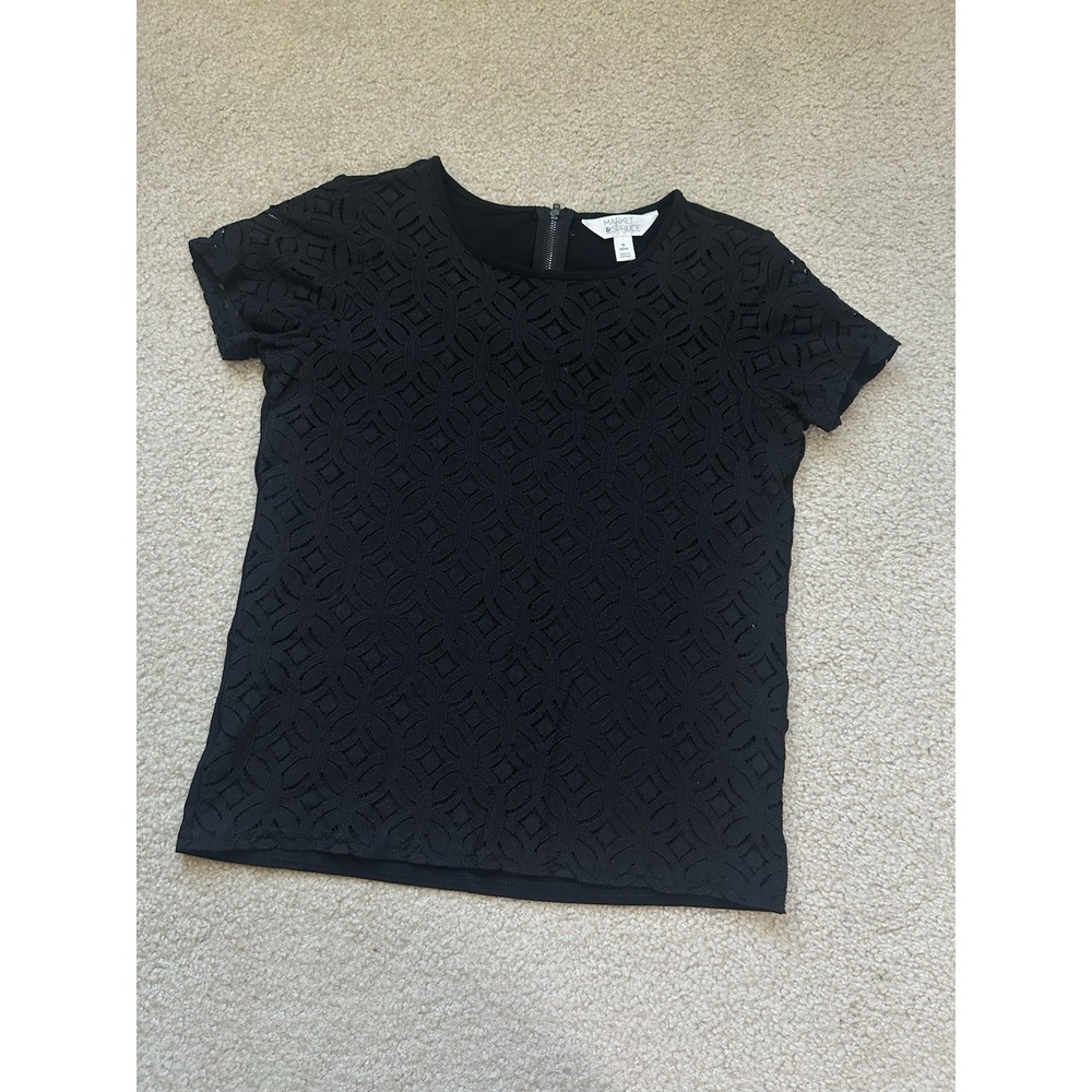 Market & Spruce Black Geometric Cutout Lace Top XS Petite Short Sleeve Goth PXS
